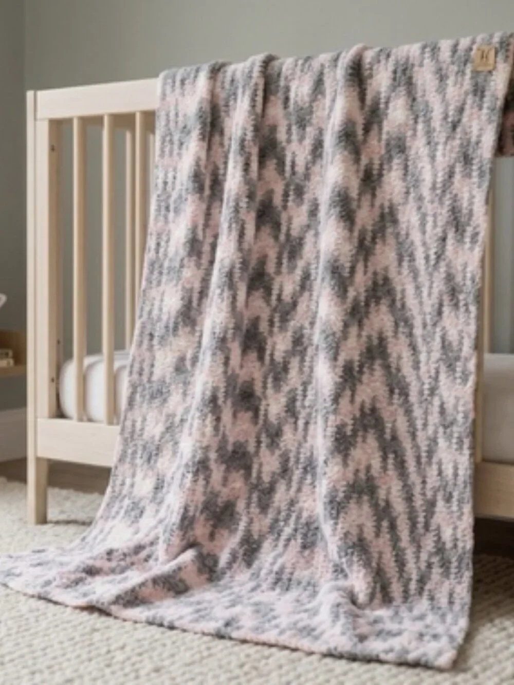 Handmade Crochet Bernat Baby Blanket Soft Heavy Plush Chenille Pink Grey White